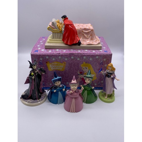 266 - BOXED ROYAL DOULTON SLEEPING BEAUTY, BRIAR ROSE, LOVES FIRST KISS, MERRYWEATHER, FLORA AND FAUNA, AN... 