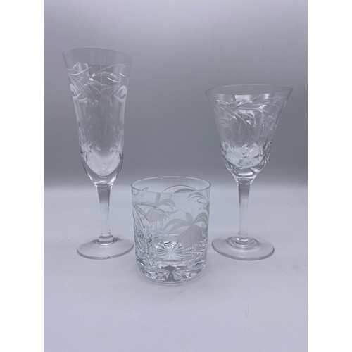 289 - ROYAL BRIERLEY FUSCHIA PATTERN ETCHED SIX WINE GLASSES, A PAIR OF TALL WINES AND FIVE TUMBLERS