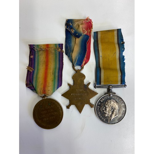 544 - WWI MEDAL TRIO TO PTE A REYNOLDS OF THE KINGS RIFLE CORPS WITH ACCOMPANYING DISCHARGE CERTIFICATE F/... 