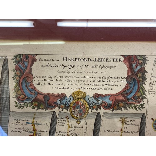 547 - ANTIQUARIAN TINTED MAP OF HEREFORD TO LEICESTER BY JOHN OGILBY F/G 46 X 37CM APPROX