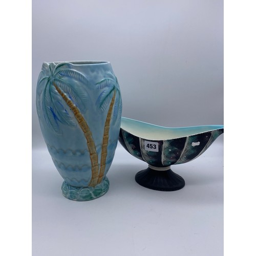 453 - BESWICK 37187 BOAT SHAPED PEDESTAL BOWL AND A PALM VASE