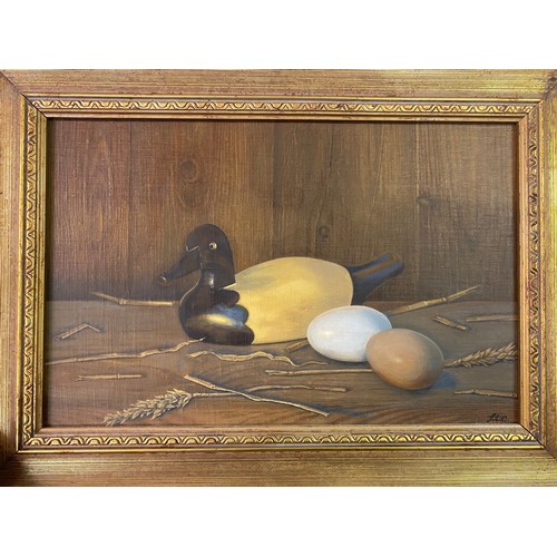 309 - TWO CONTEMPORARY STILL LIFE PAINTINGS ON BOARD OF DUCK AND EGGS MONOGRAMMED FTC (F.T.COLLETTE)