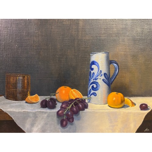 309B - TWO CONTEMPORARY STILL LIFE PAINTINGS ON BOARD OF BLUE AND WHITE WARE AMONGST FRUIT MONOGRAMMED FTC ... 