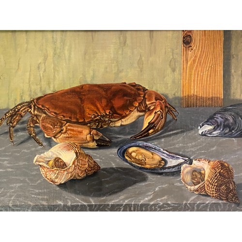 309C - TWO CONTEMPORARY STILL LIFE PAINTINGS ON BOARD OF CRABS AND MUSSELS MONOGRAMMED FTC (F.T.COLLETTE)