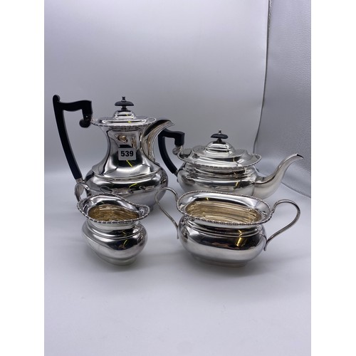 539 - VINERS EPNS REGENCY STYLE FOUR PIECE TEA/COFFEE SERVICE ON CIRCULAR GALLERY TRAY