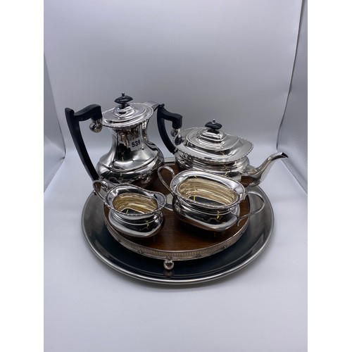 539 - VINERS EPNS REGENCY STYLE FOUR PIECE TEA/COFFEE SERVICE ON CIRCULAR GALLERY TRAY