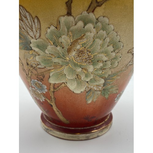 432 - JAPANESE SATSUMA EARTHENWARE TWIN HANDLED VASE DECORATED WITH BUTTERFLIES AND CHRYSANTHEMUMS 47CM H