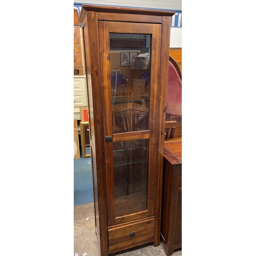 2 - CONTEMPORARY DARK WOOD TOWER DISPLAY CABINET WITH GLASS SHELVES
