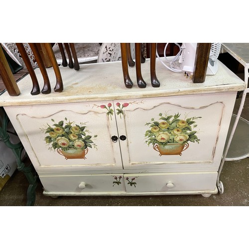 141 - SHABBY CHIC PAINTED CABINET WITH FLORAL PANEL DECORATION