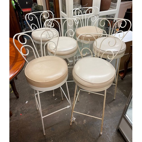 118 - SIX WHITE PAINTED WROUGHT IRON SCROLL BACK BAR STOOLS WITH CREAM LEATHER SEATS