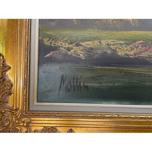 145 - 20TH CENTURY GILT FRAMED OIL ON CANVAS OF COTTAGES IN MOUNTANOUS LANDSCAPE SIGNED MOLLIN