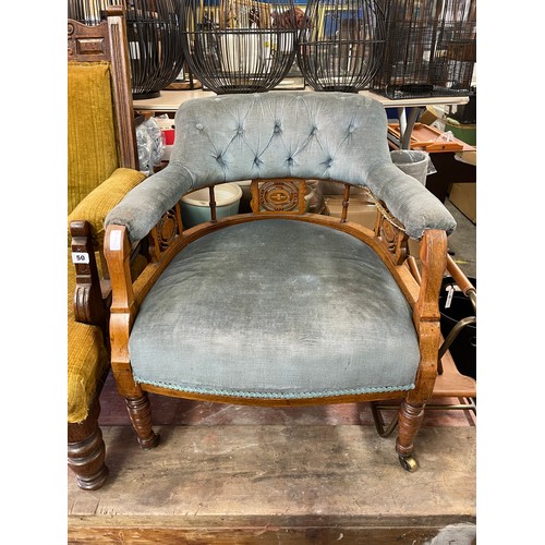 181 - VICTORIAN WALNUT AND LINE INLAID BLUE UPHOLSTERED TUB ARMCHAIR