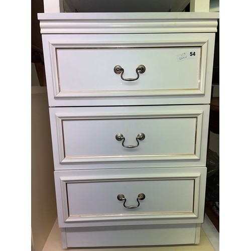 54 - WHITE THREE DRAWER BEDSIDE CABINET