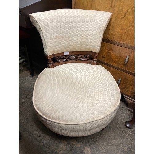 98 - VICTORIAN WALNUT AND CREAM UPHOLSTERED NURSING CHAIR