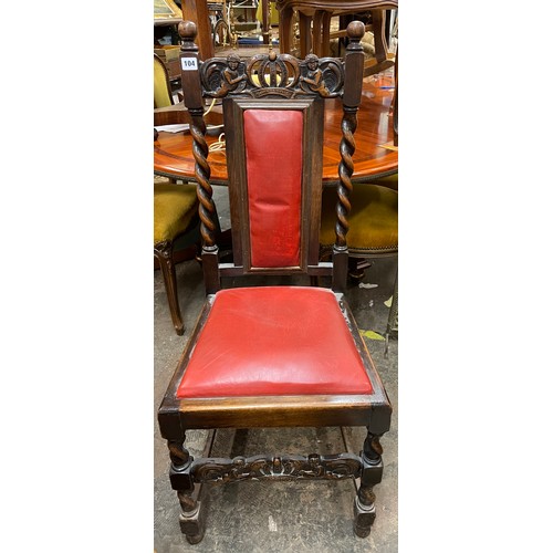 104 - MAHOGANY BARLEY TWIST AND RED REXINE HIGHBACK DINING CHAIR WITH CHERUB MOUNT