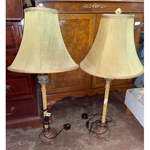 107 - PAIR OF GILT METAL PAINTED CLASSICAL STYLE TABLE LAMPS AND SHADES