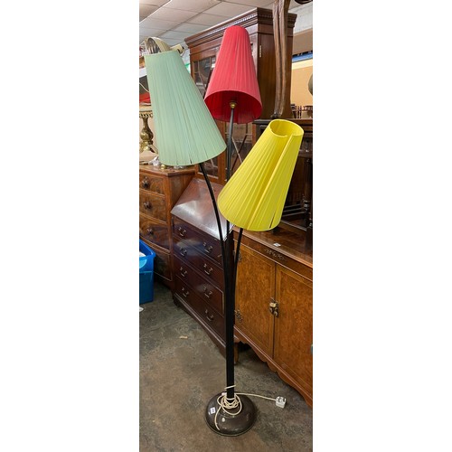111 - VINTAGE MID 20TH CENTURY THREE BRANCH LAMP STANDARD WITH TRI COLOURED CONE SHADES