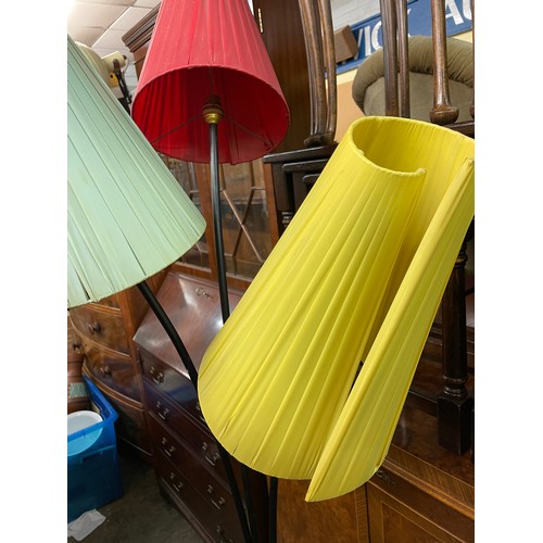 111 - VINTAGE MID 20TH CENTURY THREE BRANCH LAMP STANDARD WITH TRI COLOURED CONE SHADES