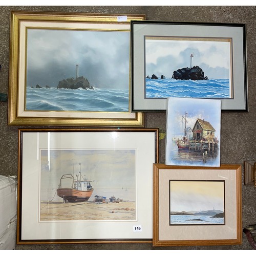 146 - FIVE VARIOUS WATERCOLOURS AND OIL PAININGS OF SEASCAPES