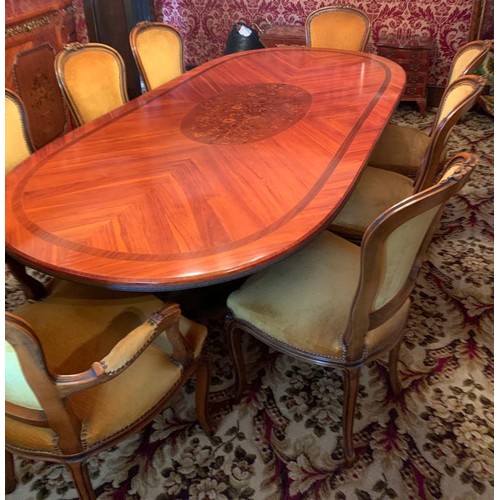 100 - QUALITY 20TH CENTURY KINGWOOD EXTENDING DINING TABLE WITH FLORAL MARQUETRY AND CROSS BANDING ON BIED... 