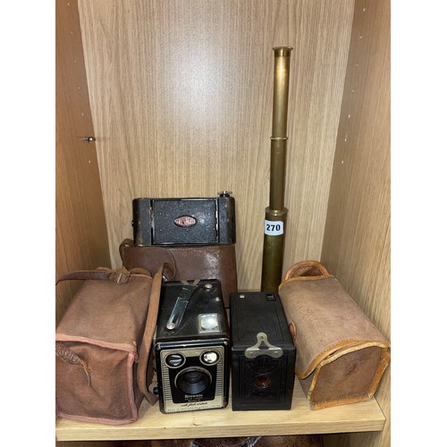 270 - BRASS TELESCOPE, BROWNIE SIX-20 MODEL D BOX CAMERA, KODAK BOX CAMERA AND ONE OTHER ENSIGN CAMERA