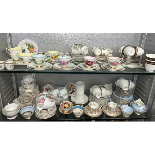 273 - TWO SHELVES OF BONE CHINA TEA SETS AND CUPS INC. ROYAL STANDARD 