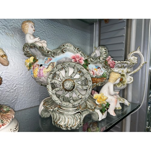 288 - ITALIAN POTTERY CHERUB CART AND A CAPODIMONTE TWIN HANDLED ROSE VASE