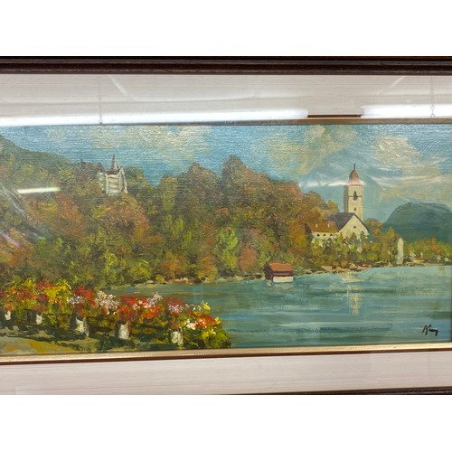 538 - AUSTRIAN SCHOOL OILS ON BOARD LANDSCAPE OF SAINT WOLFGANG F/G 39 X 19CM APPROX