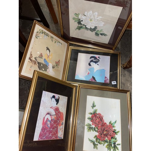 185 - TWO JAPANESE FRAMED PICTURES AND TWO FLORAL WATERCOLOURS