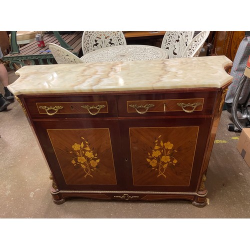 47 - 20TH CENTURY MARBLE TOPPED TWO DRAWER CREDENZA IN KINGWOOD WITH FLORAL PANELS
