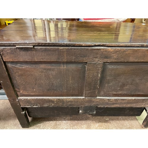 106 - 17TH CENTURY OAK MULE CHEST WITH GEOMETRIC MOULDED PANELLED FRONTS AND DRAWERS INITIALLED MD 115CM W... 