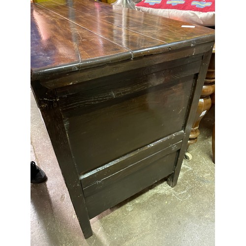 106 - 17TH CENTURY OAK MULE CHEST WITH GEOMETRIC MOULDED PANELLED FRONTS AND DRAWERS INITIALLED MD 115CM W... 