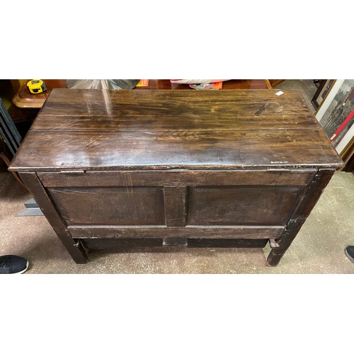 106 - 17TH CENTURY OAK MULE CHEST WITH GEOMETRIC MOULDED PANELLED FRONTS AND DRAWERS INITIALLED MD 115CM W... 