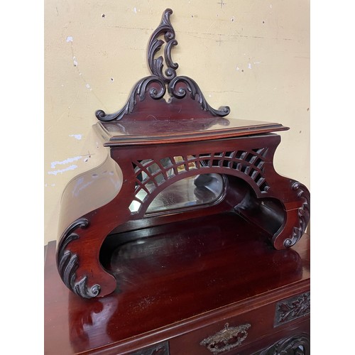 118 - LATE VICTORIAN MAHOGANY FRET CARVED MIRRORED GLAZED CABINET