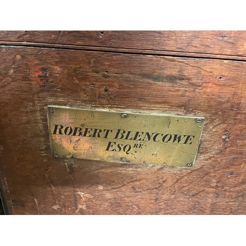 120 - 19TH CENTURY OAK BANDED CAMPAIGN TRUNK WITH A BRASS PLATE BLENCOWE ESQ WITH PULL OUT TRAY AND FITTED... 