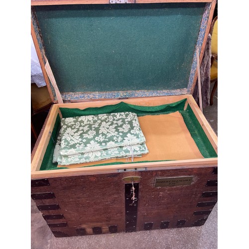 120 - 19TH CENTURY OAK BANDED CAMPAIGN TRUNK WITH A BRASS PLATE BLENCOWE ESQ WITH PULL OUT TRAY AND FITTED... 