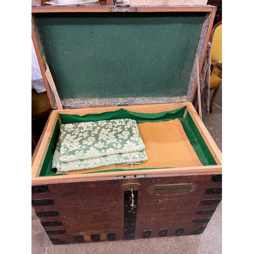 120 - 19TH CENTURY OAK BANDED CAMPAIGN TRUNK WITH A BRASS PLATE BLENCOWE ESQ WITH PULL OUT TRAY AND FITTED... 