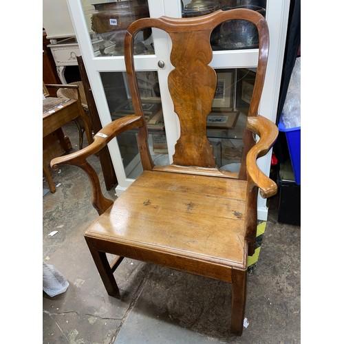 19 - GEORGE III PROVINCIAL MAHOGANY ELBOW CHAIR WITH FIDDLE BACK SPLAT SOLID SEAT AND OUTSCROLLED ARMS