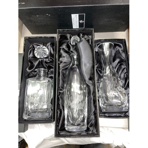 251 - BOXED ROYAL DOULTON HAND CUT CRYSTAL CHELSEA PATTERN DECANTERS X 2 AND CARAFE