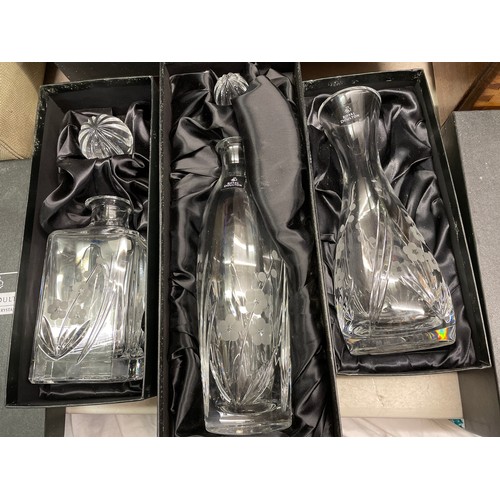 251 - BOXED ROYAL DOULTON HAND CUT CRYSTAL CHELSEA PATTERN DECANTERS X 2 AND CARAFE