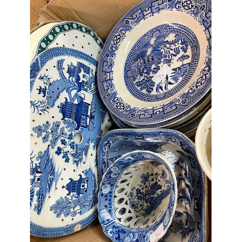 265 - CARTON - 19TH CENTURY OLD WILLOW PATTERN PLATES, DINNER PLATES, BOWLS, SQUARE SHALLOW DISHES AND STR... 