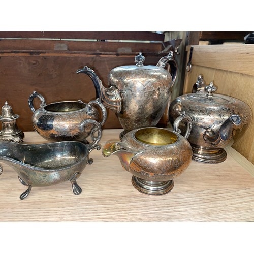 248 - VARIOUS EPNS REGENCY STYLE TEAPOTS, BRASS CANDLESTICKS, CRUET SET, ETC