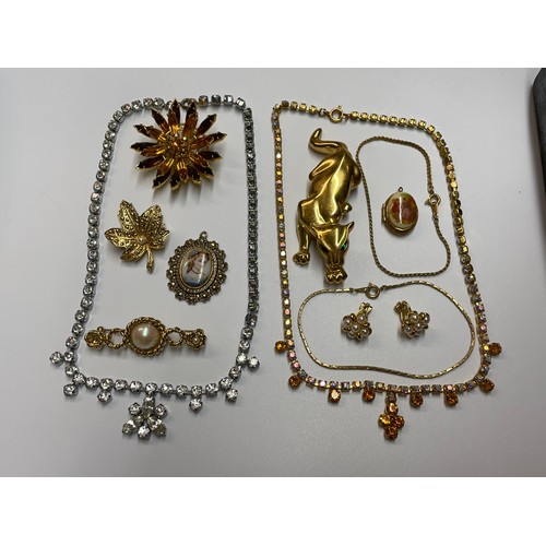 447 - SMALL SELECTION OF COSTUME JEWELLERY INCLUDING A PANTHER BROOCH, STAR BURST BROOCH, ETC