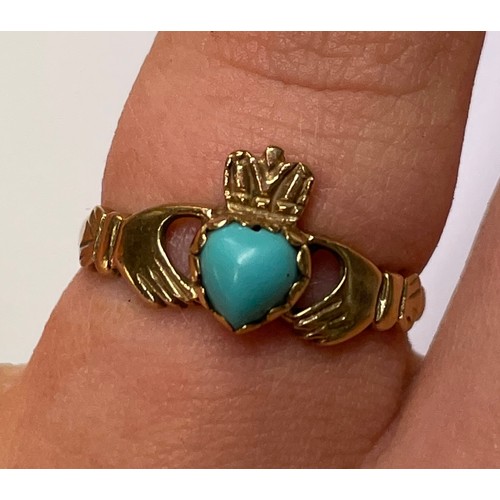 466 - 9CT GOLD TURQUOISE STONE CLADDAGH RING SIZE K 1.9G APPROX