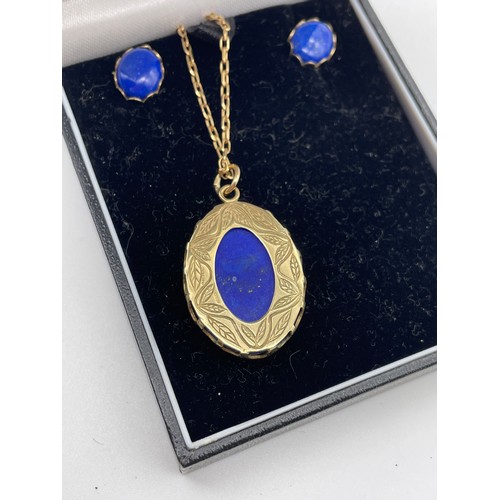 469 - 9CT GOLD MOUNTED LAPIS LAZULI PENDANT ON TRACE CHAIN WITH 9CT GOLD MATCHING EARRINGS 10G OVERALL