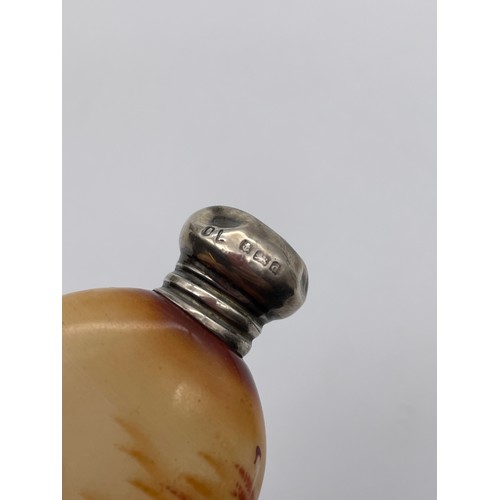 385 - BIRMINGHAM SILVER SCREW TOPPED PORCELAIN OVAL SCENT BOTTLE PANTED WITH 18TH CENTURY COUPLE 6cm x 3.5... 