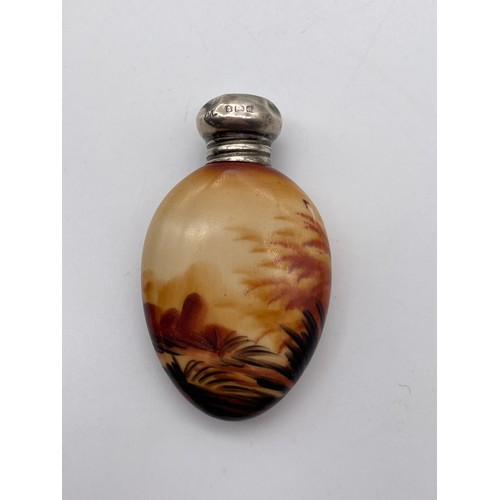 385 - BIRMINGHAM SILVER SCREW TOPPED PORCELAIN OVAL SCENT BOTTLE PANTED WITH 18TH CENTURY COUPLE 6cm x 3.5... 