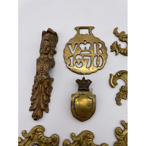 317 - FRENCH ROCOCCO GILT METAL ESCUTCHEON PLATES, OTHER HANDLES, AND A CARYATYD MOUNT