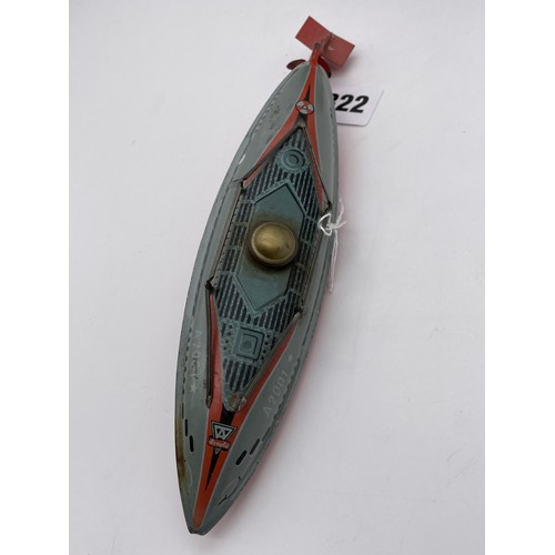 322 - ARNOLD TIN PLATE TOY BOAT MADE IN US ZONE GERMANY 23cm AND A TIN PLATE VINTAGE CAR TOY 14cm