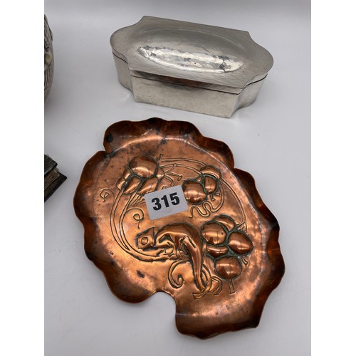 315 - ARTS AND CRAFTS COPPER REPOUSSE TRAY, PLANISHED BEATEN OBLONG BOX, PEWTER COVERED VESTA BOX HOLDER A... 